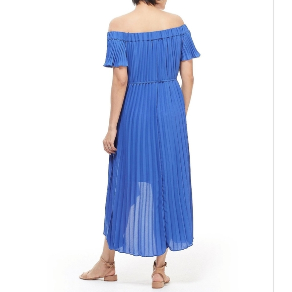 Maggy London Size 10 Blue Pleated Off The Shoulder High-Low Midi Dress A-Line - Picture 3 of 16